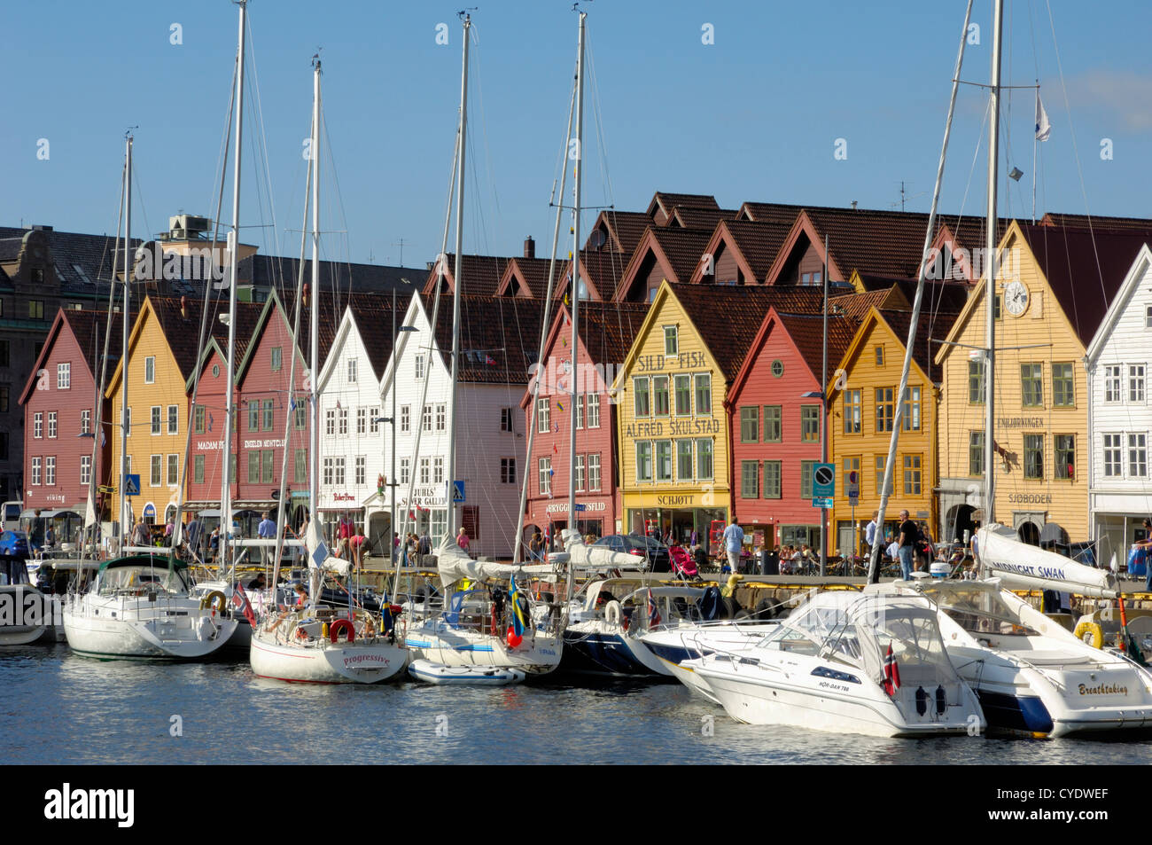 Vagen harbour / marina looking towards Bryggen, Bergen, Hordaland, Norway, UNESCO World Hertiage site Stock Photo