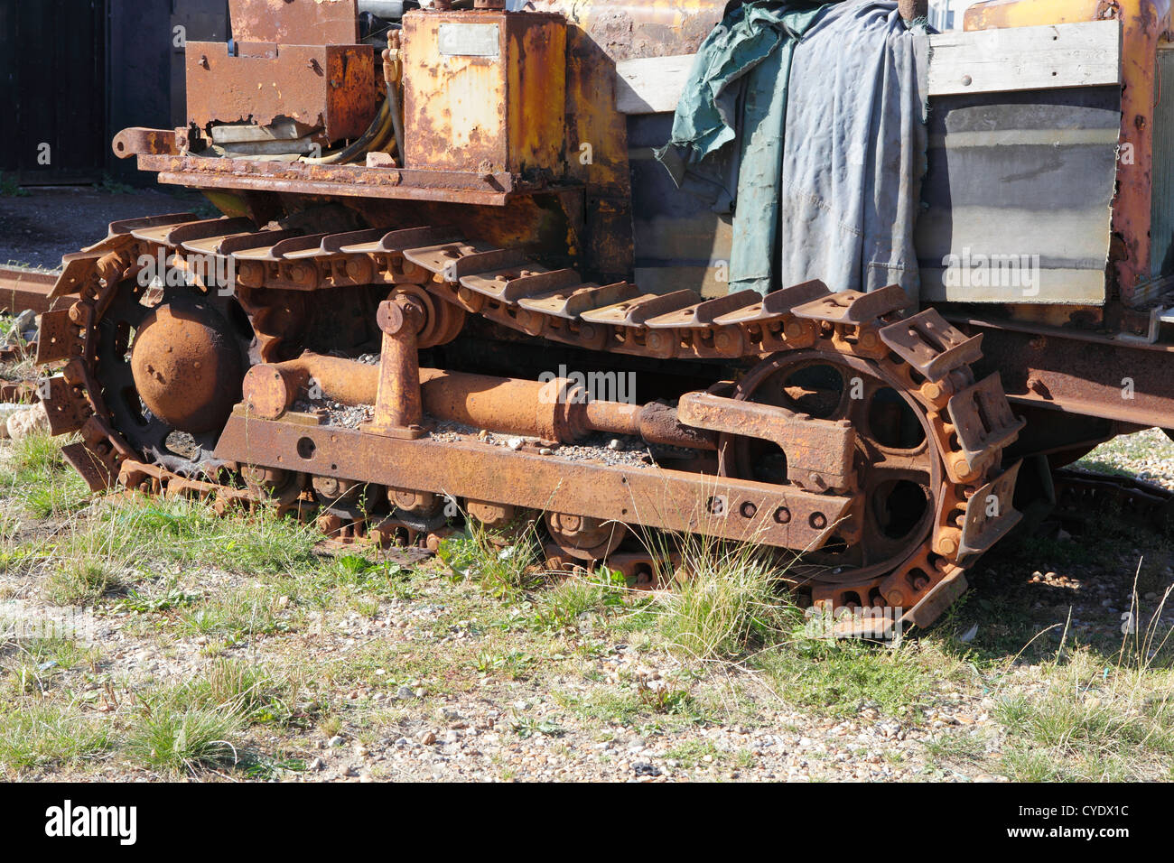 Old rusty derelict caterpillar tractor track on Hastings Stade, East Sussex, UK, GB Stock Photo