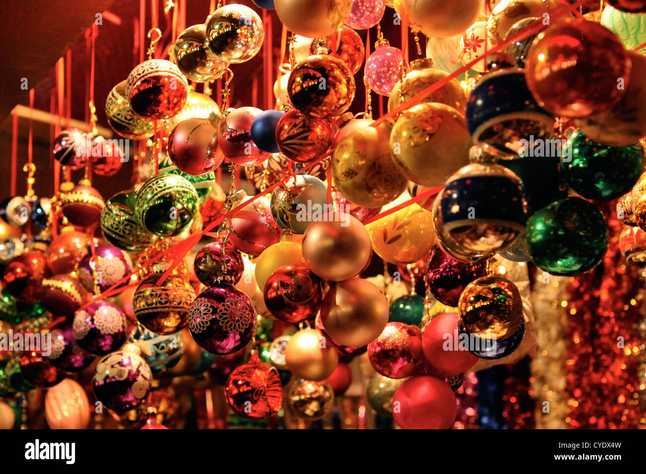 Brightlycoloured baubles at a Cologne Christmas market Stock Photo Alamy