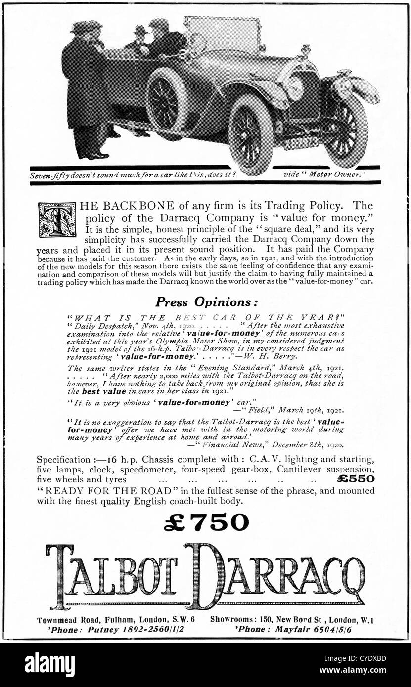 Original 1920s vintage print advertisement from English magazine advertising Talbot Darracq motorcar Stock Photo