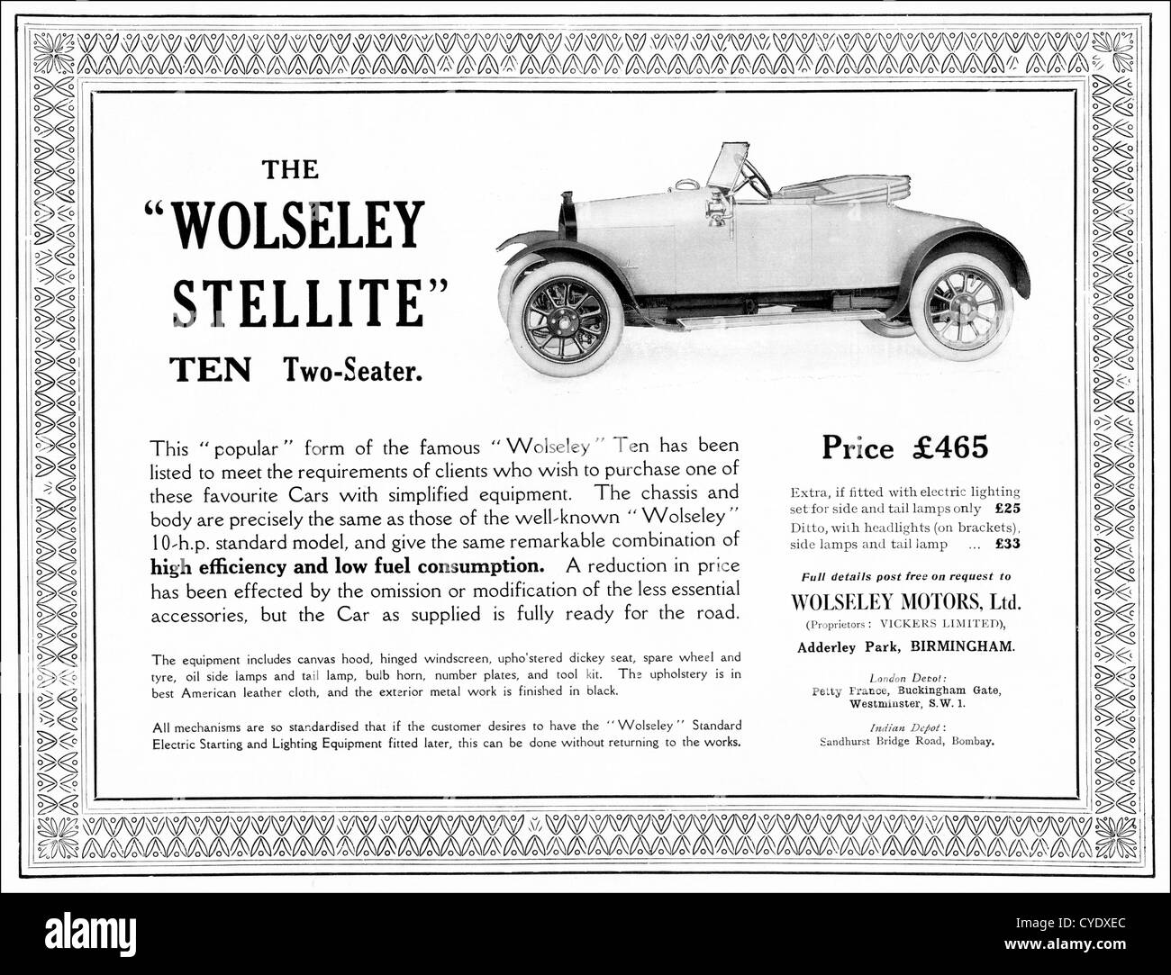 Original 1920s vintage print advertisement from English magazine advertising Wolseley Stellite 10 two seater car manufactured 1920 - 1924 in Birmingham England UK Stock Photo