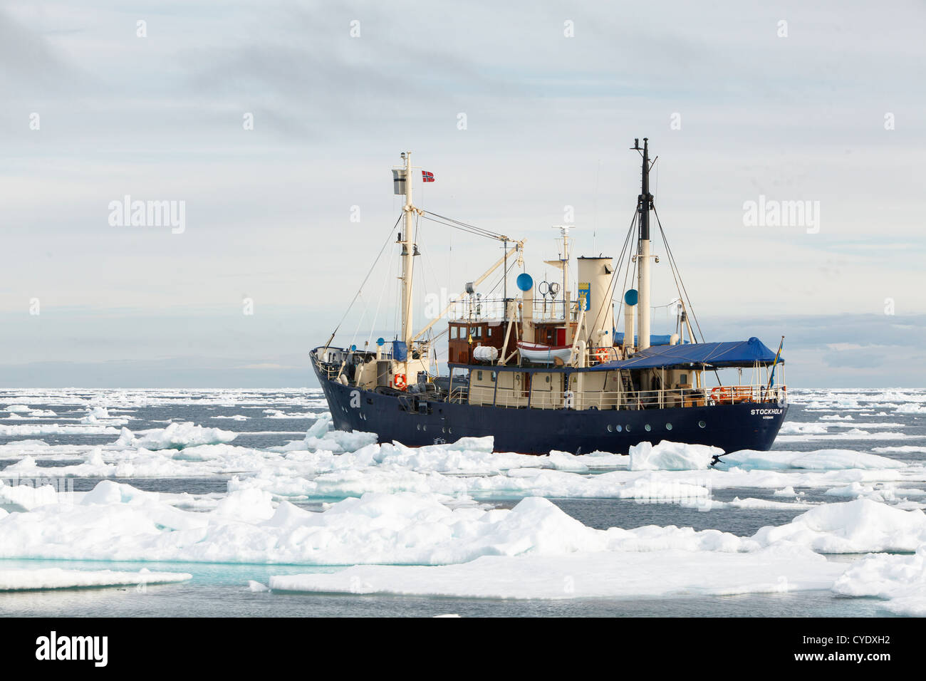 MS Stockholm expedition ship surrounded by ice in Svalbard island, Barents Sea, Norway. Stock Photo