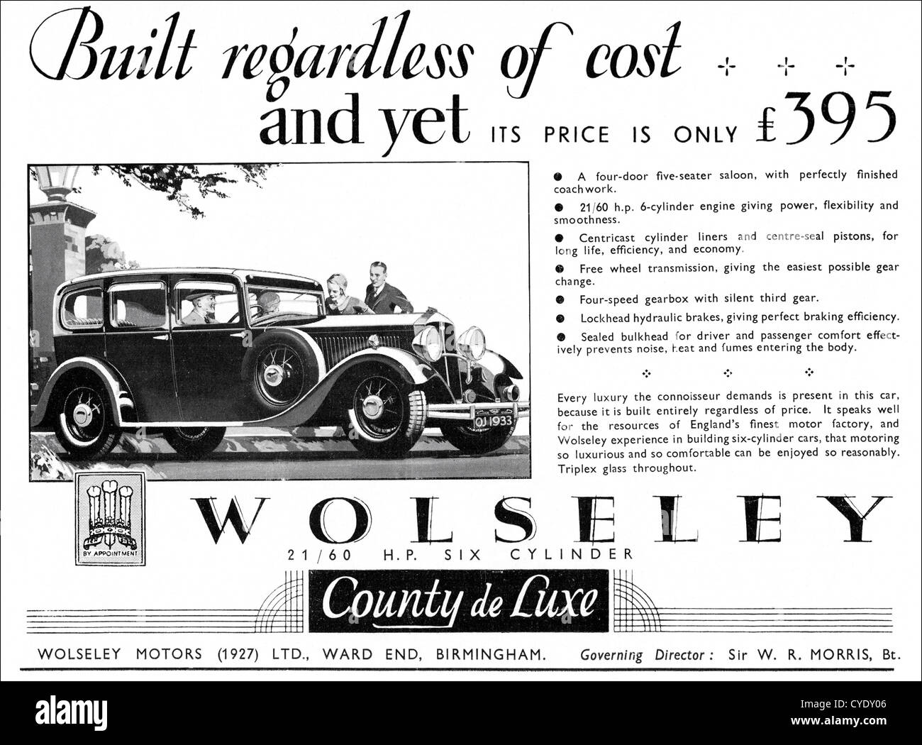 Original 1930s vintage print advertisement from English magazine advertising Wolseley 21/60 County de Luxe car manufactured 1930 - 1935 in Birmingham England UK Stock Photo