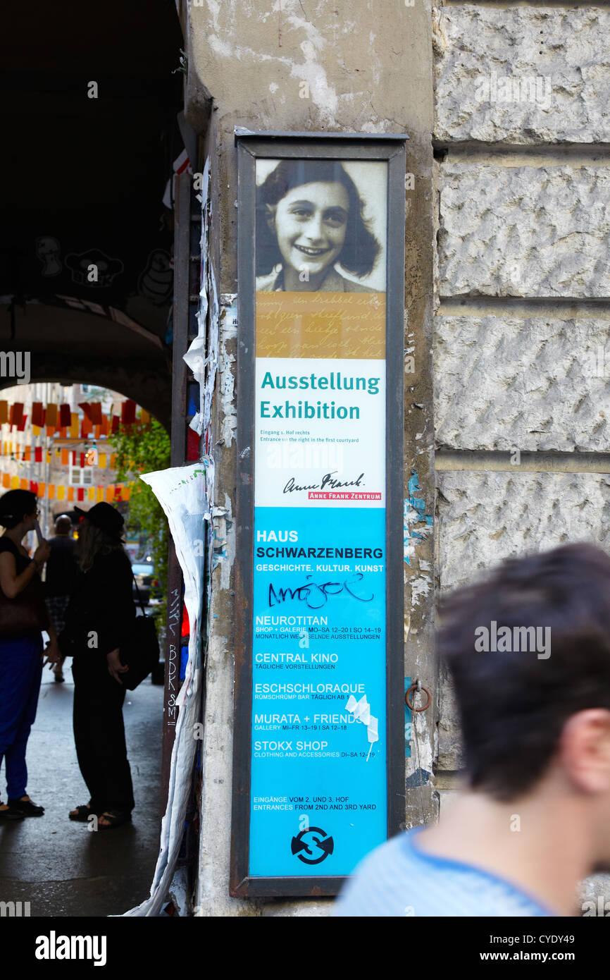 Anne Frank center sign in Berlin, people passing Stock Photo