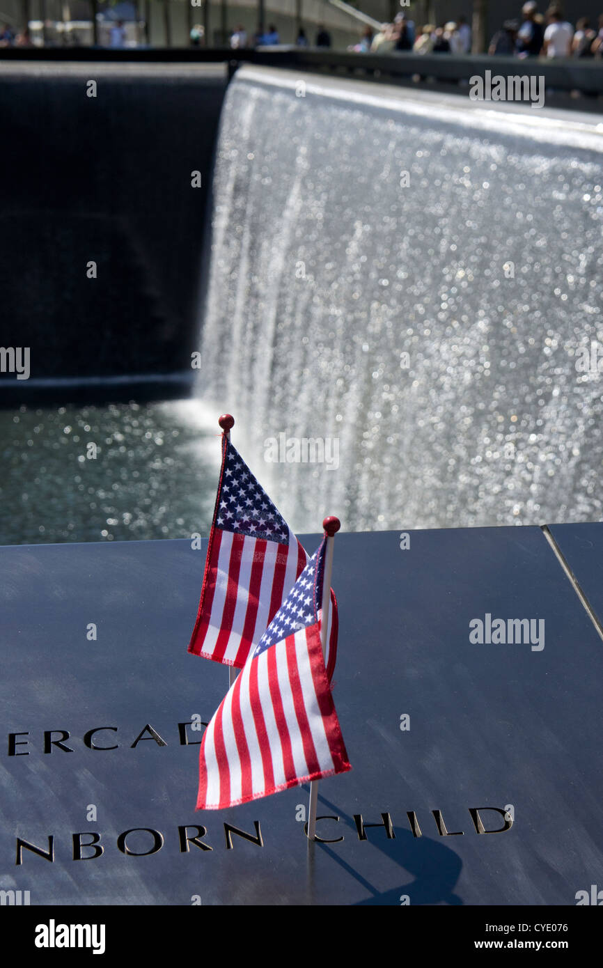 American flags at world trade 9/11 Memorial tribute of remembrance, New York, USA Stock Photo