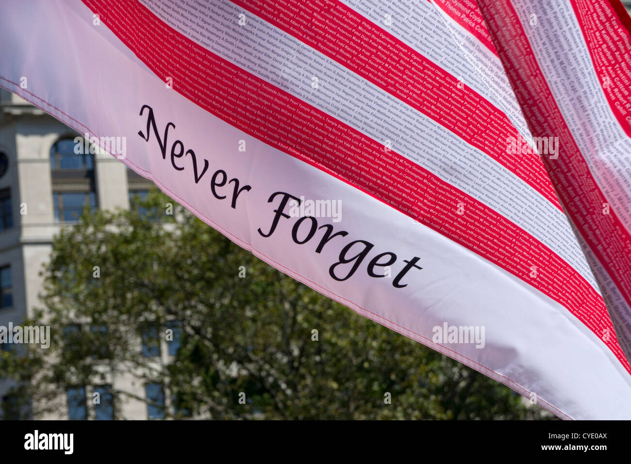 remembrance flag with names of those who lost their lives in  9/11 terrorist attacks,  Battery park, New York, USA Stock Photo
