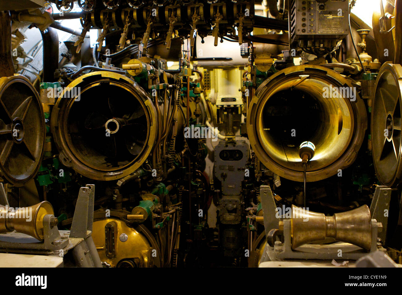 Two open torpedo tubes in the 'Forward Torpedo room' in the USS ...
