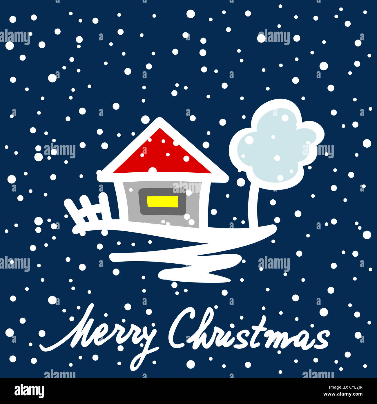 Christmas card with house tree and snowflakes Stock Photo - Alamy