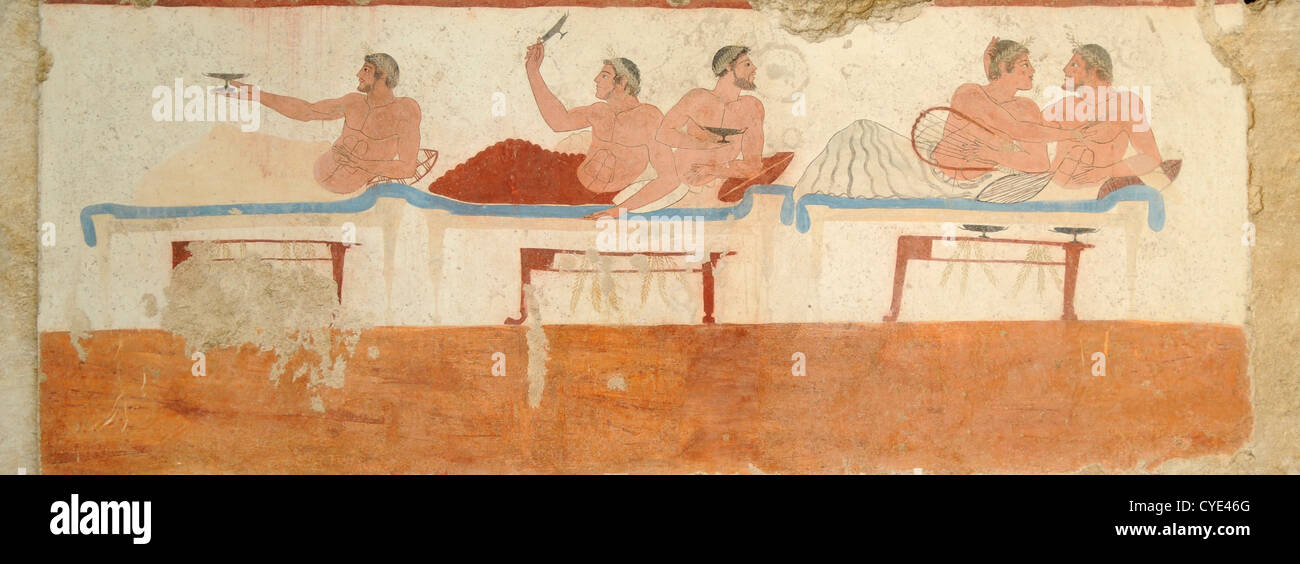 The tomb of the Diver: the symposium, from Tempa dei Prete. The museum at Paestum, site of Greek and Roman remains, Italy Stock Photo