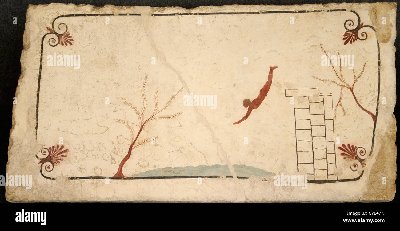 The tomb of the Diver, from Tempa dei Prete. The museum at Paestum, site of Greek and Roman remains, Italy Stock Photo