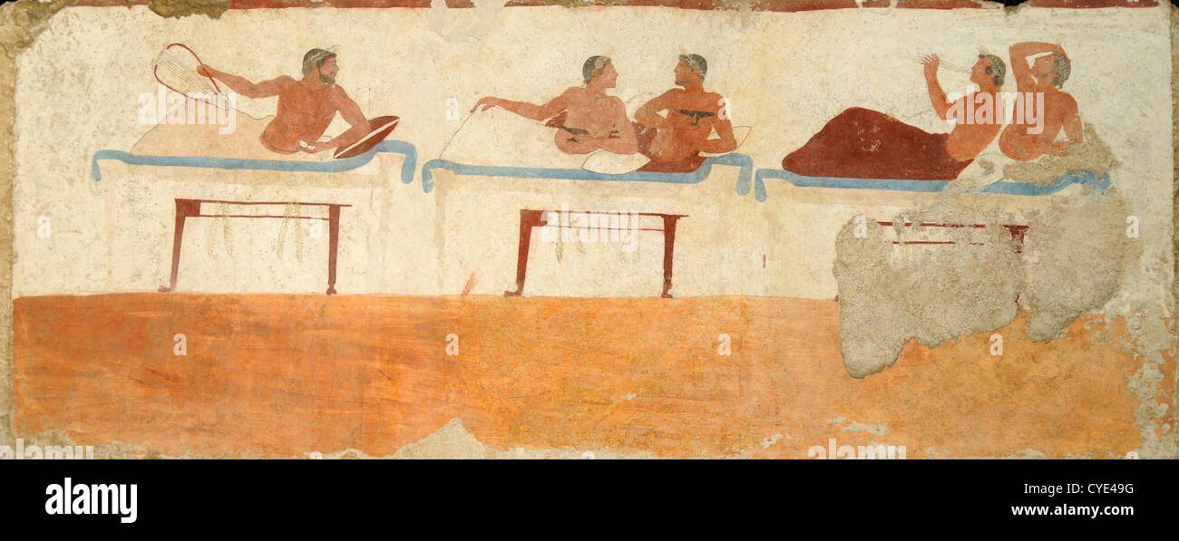 The tomb of the Diver: the symposium, from Tempa dei Prete. The museum at Paestum, site of Greek and Roman remains, Italy Stock Photo