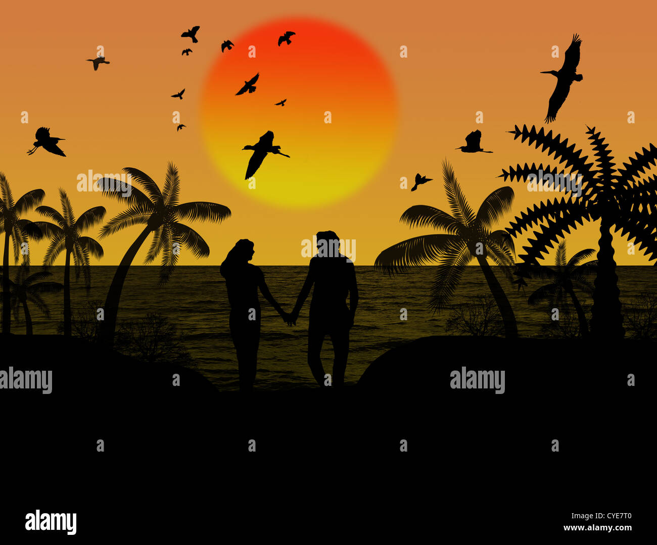 Silhouette of a lovers couple under palm trees at sunset, background ...
