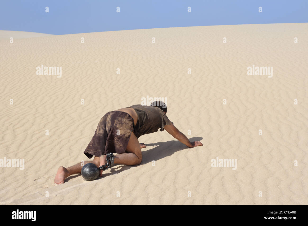 Man crawling in desert, hard and burdensome concept Stock Photo