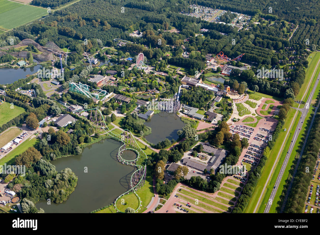 The Netherlands, Biddinghuizen, Amusement park Walibi Holland. Aerial. Stock Photo