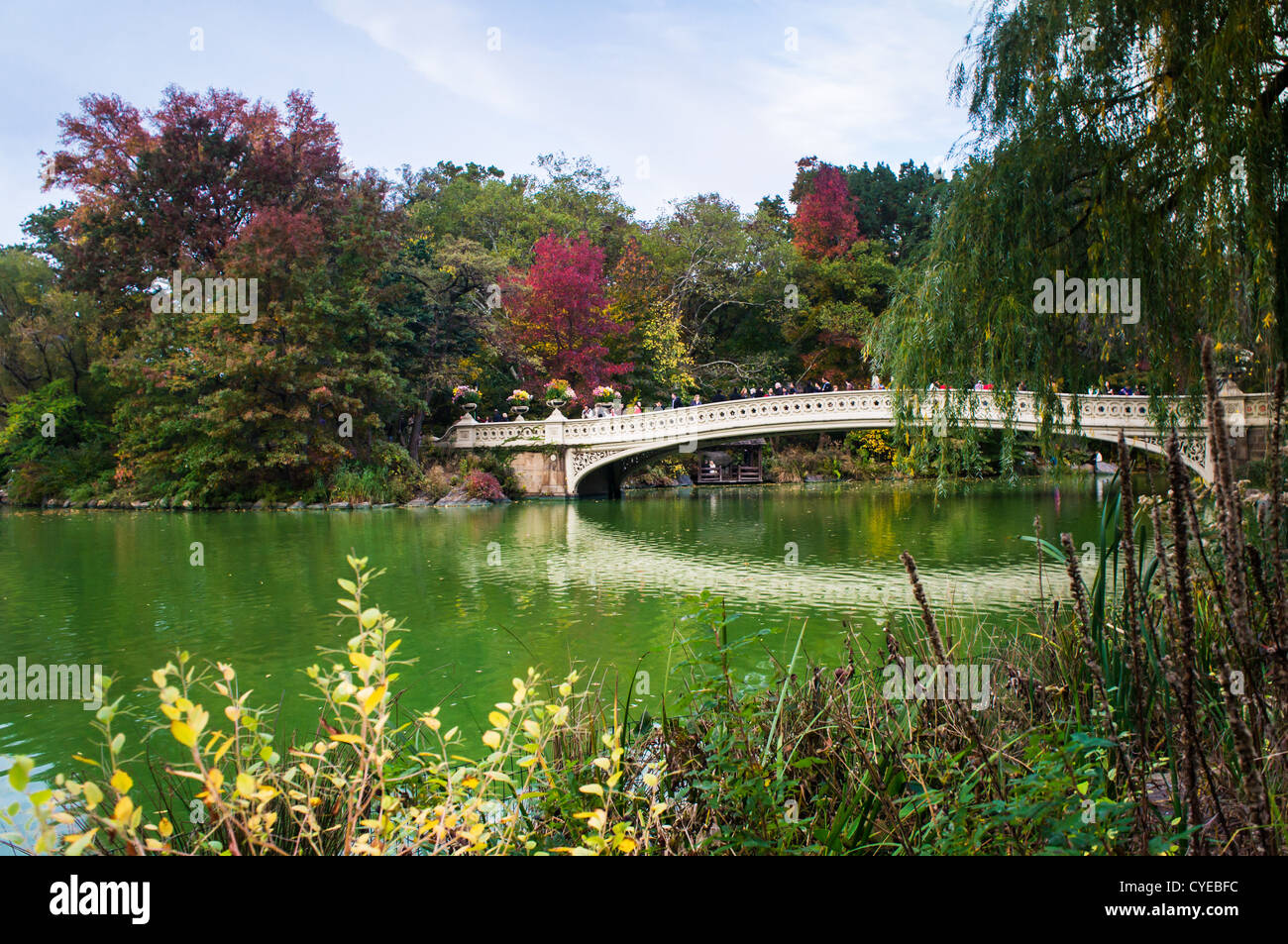 Autumn colors of trees decorate the Bow Bridge in Central Park in New York City. The Bow Bridge is one of the most famous and popular bridges in the park, often seen on movies and TV shows. The picture was taken two days before Hurricane Sandy hit the New York City area. Stock Photo