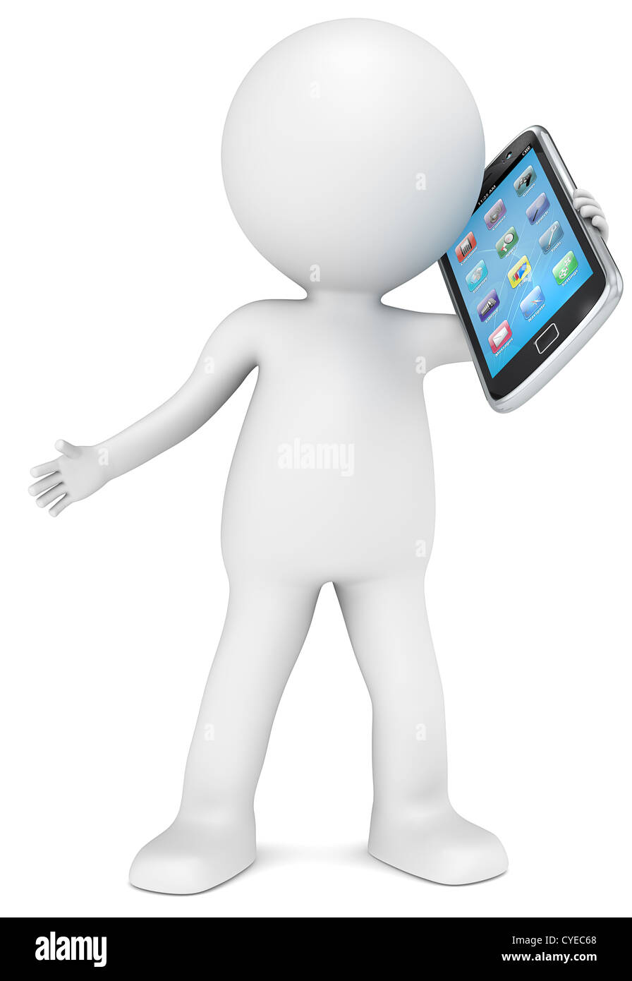 3D little human character holding a Smart Phone. App Icons. People ...