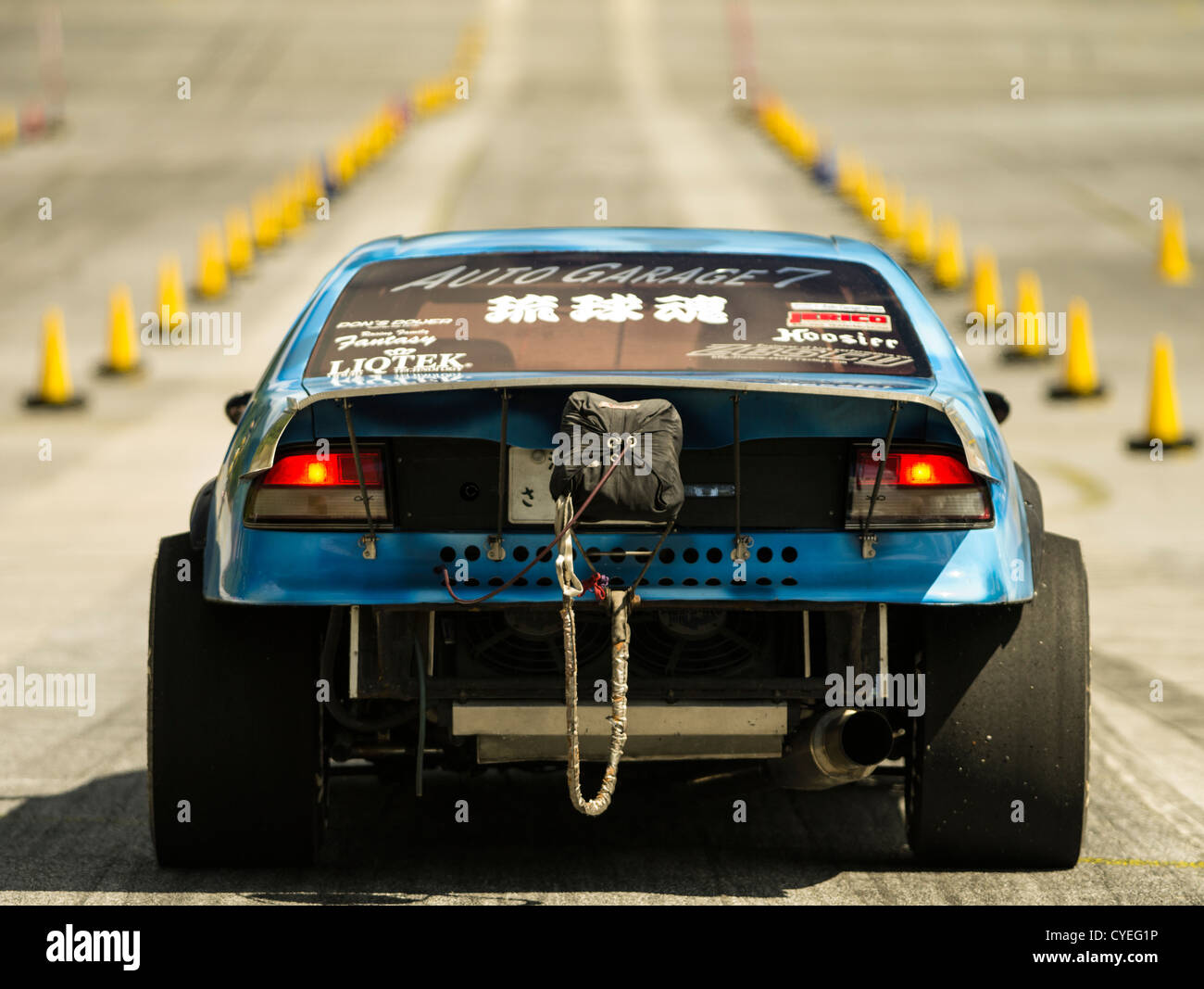 Japanese Drag Racing car with rear parachute for breaking and extra wide tires Stock Photo