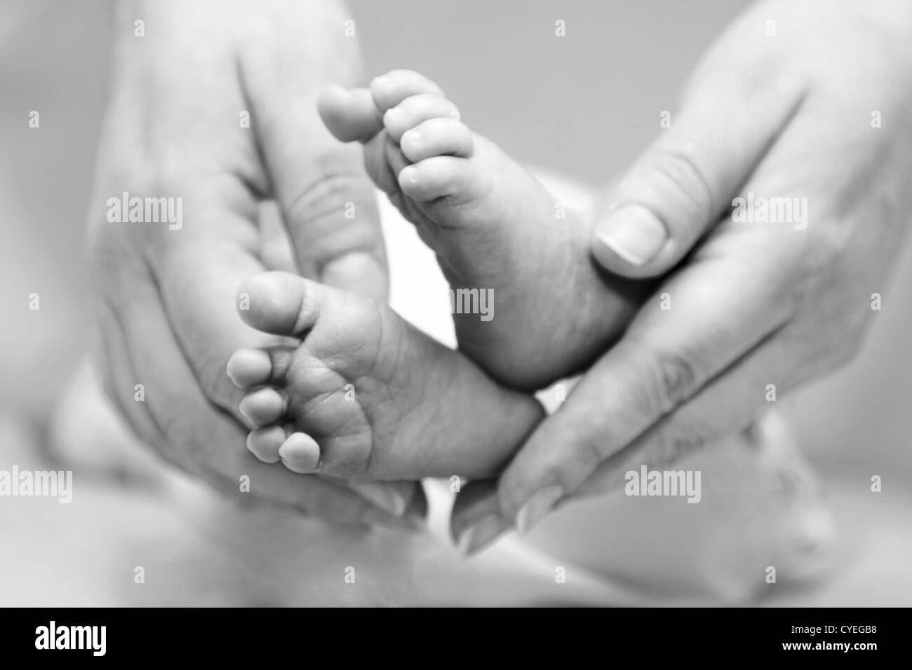 Mother's gentle touch holding cute baby feet. Stock Photo