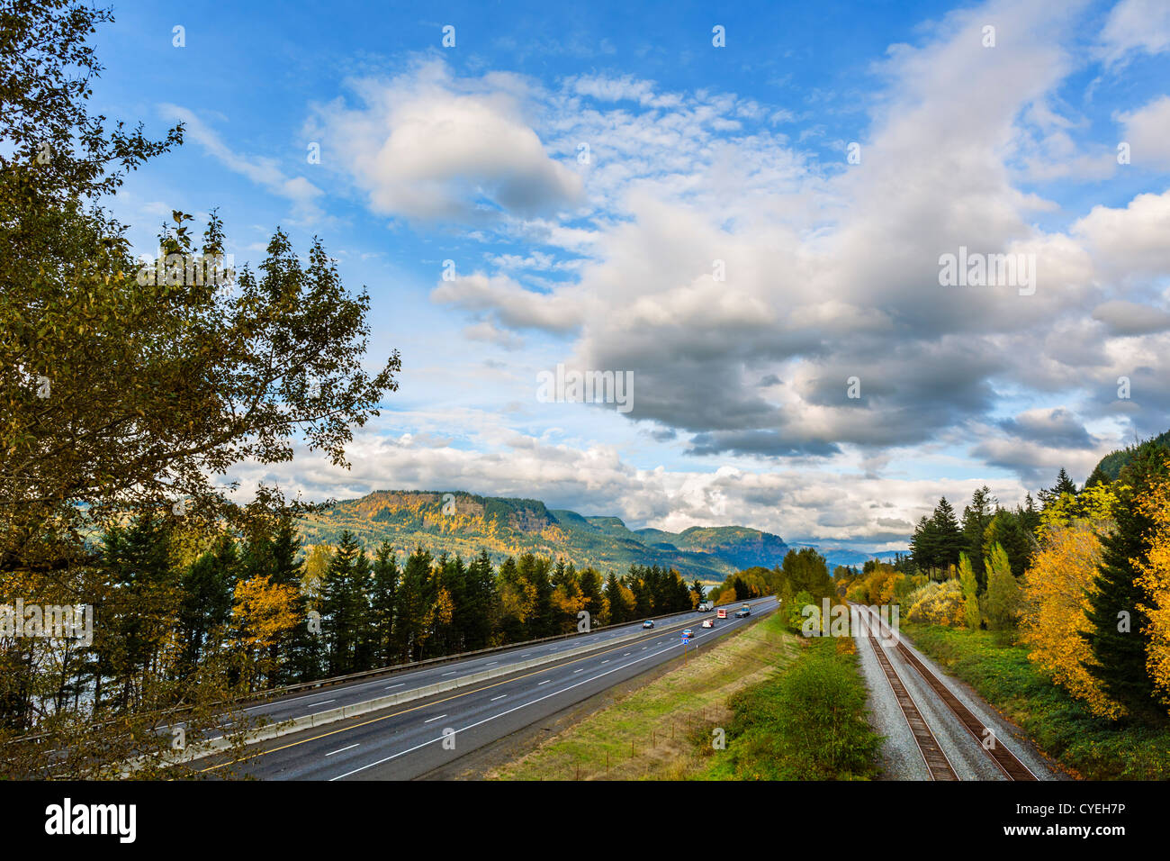 Interstate 84 and railroad through the Columbia River Gorge, Multnomah County, Oregon, USA Stock Photo