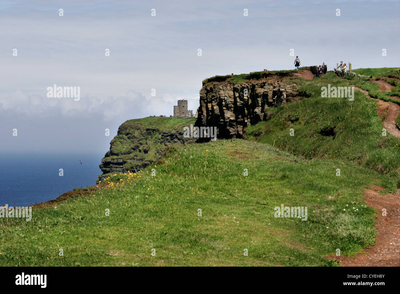 Cliffs of Moher in the Burren region in County Clare and in the background there is O'Brien's Tower. Stock Photo