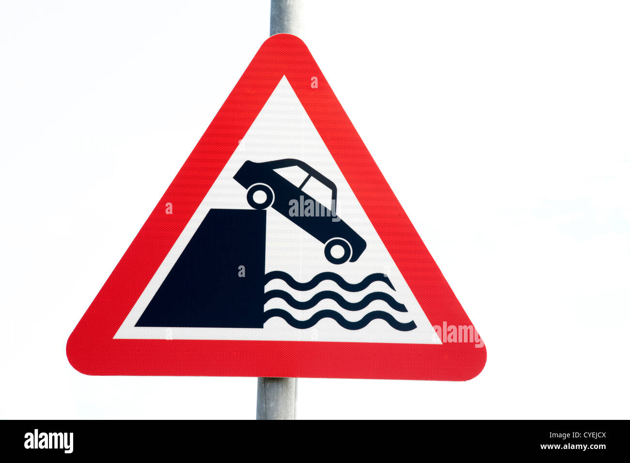 Road Safety Sign against Pure White Background Stock Photo