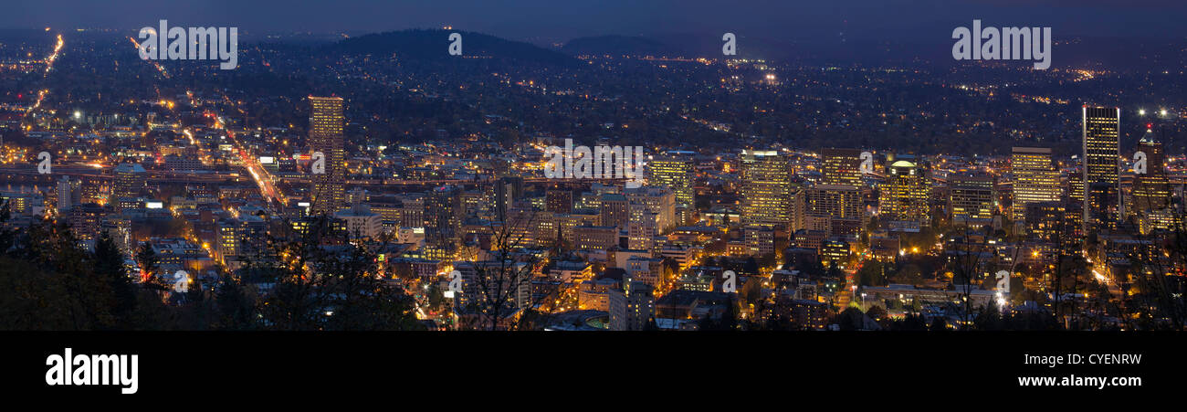 Portland Oregon Downtown Cityscape at Blue Hour Evening Panorama Stock Photo