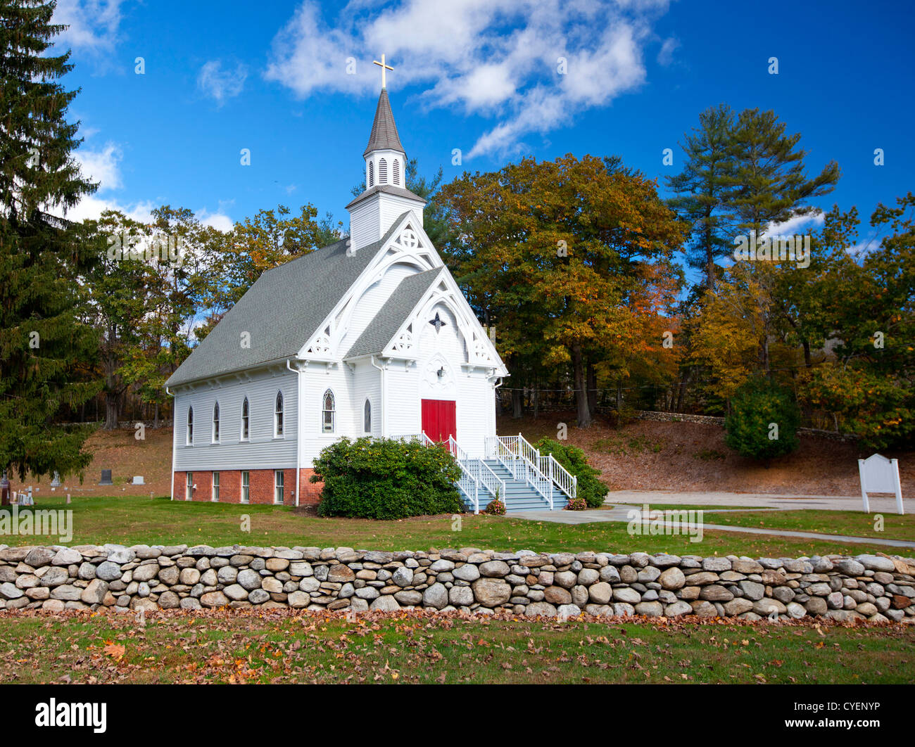 New England white church during the Fall Stock Photo