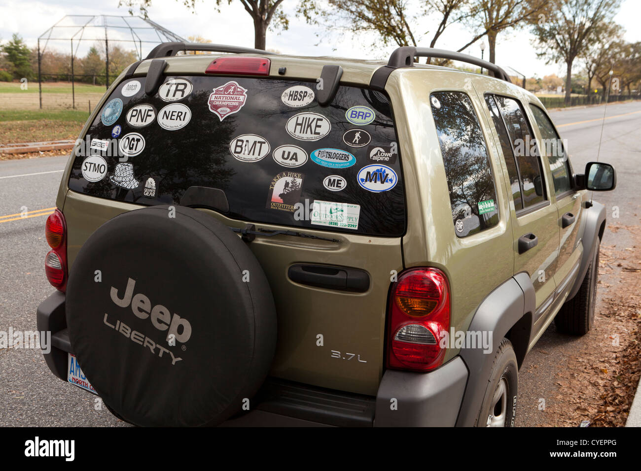 Stickers on the rear windshield of an SUV Stock Photo