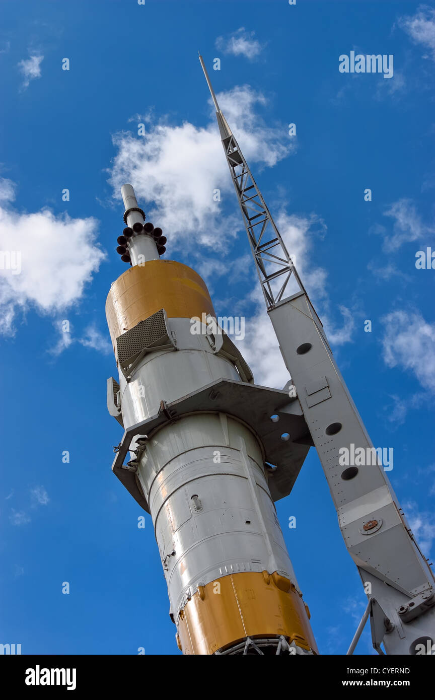 Russian space transport rocket on blue sky background Stock Photo - Alamy