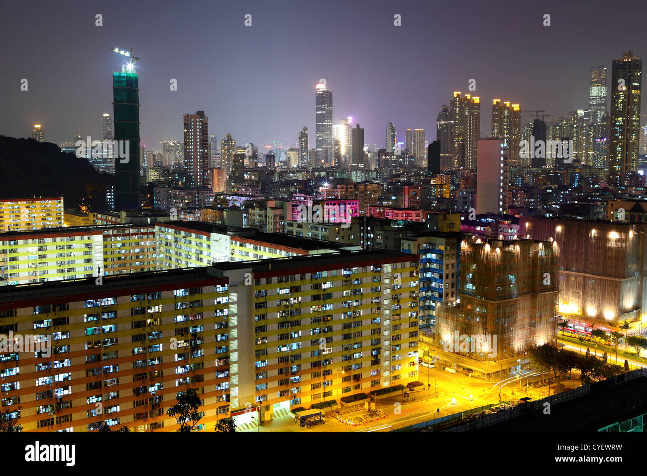 Hong Kong downtown with many building at night Stock Photo - Alamy