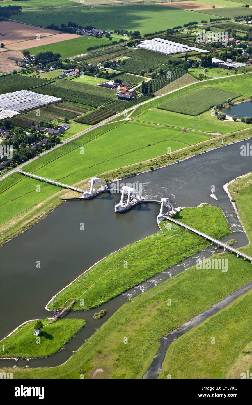 The Netherlands, Driel, Weir in river Rhine. Aerial. Stock Photo