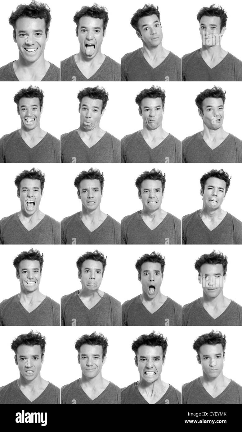 Young man face expressions composite black and white isolated. Stock Photo