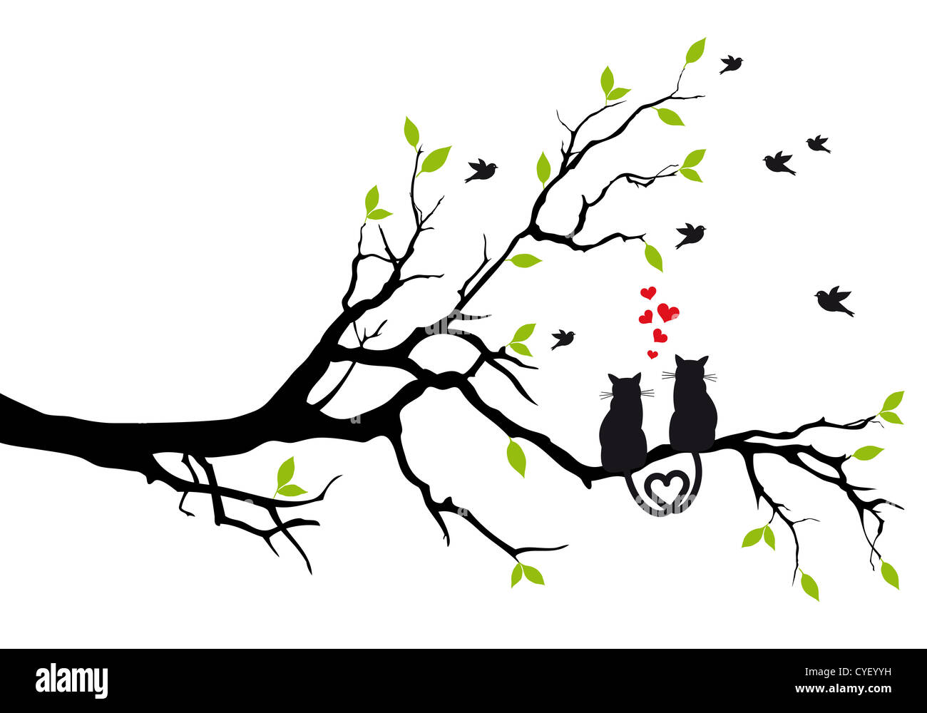 cats in love on tree branch with birds Stock Photo