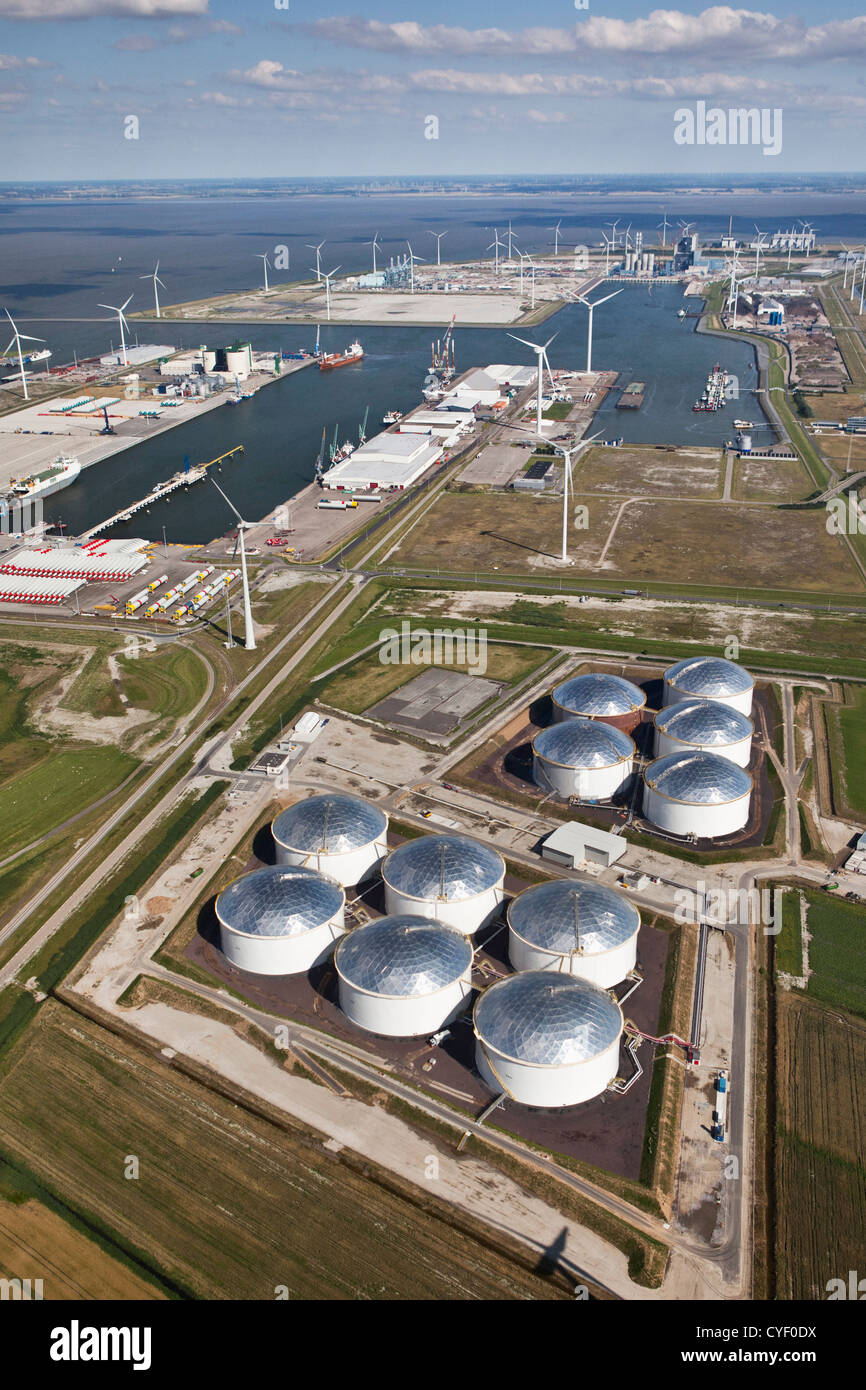 The Netherlands, Eemsmond, Port, harbor called Eemshaven. VOPAK Chemical and oil storage. Aerial. Stock Photo