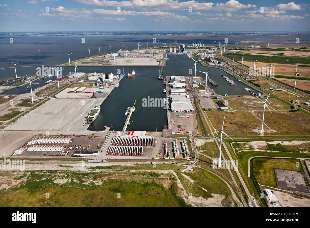 The Netherlands, Eemsmond, Port, harbor called Eemshaven. Aerial. Stock Photo
