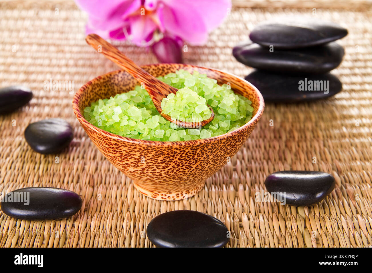Zen Rituals Salt Spa Concept - Zen Stones and Relaxing Salt in Wooden Bowl Stock Photo ...
