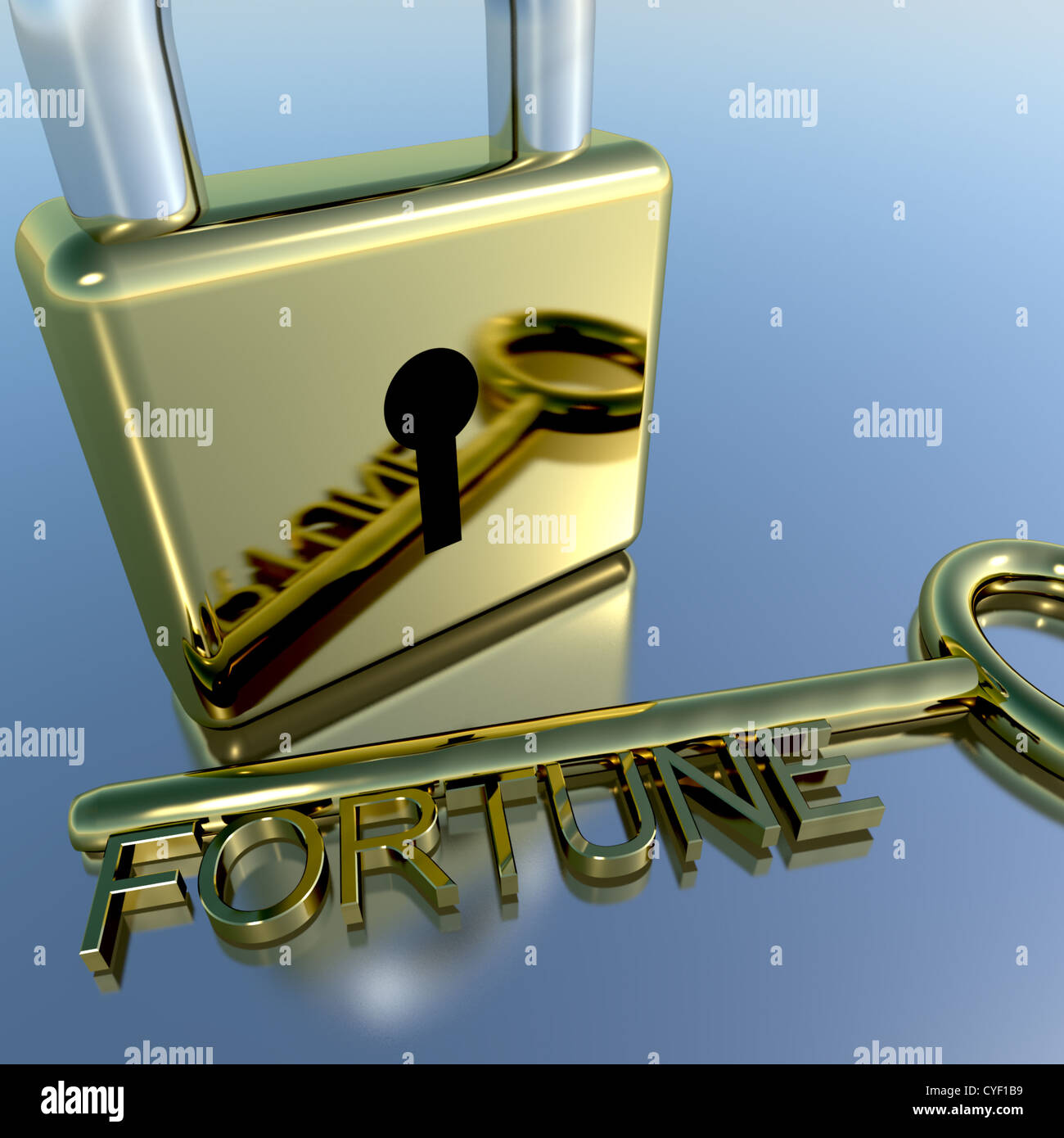 Padlock With Fortune Key Showing Luck Successes And Riches Stock Photo