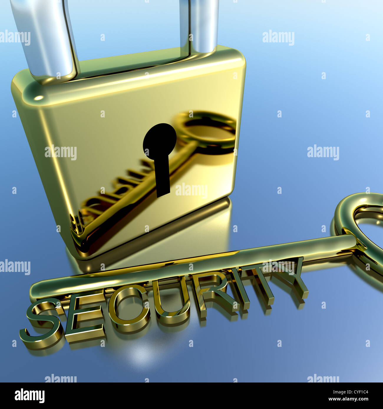 Padlock With Security Key Showing Protection Encryption Or Safety Stock Photo