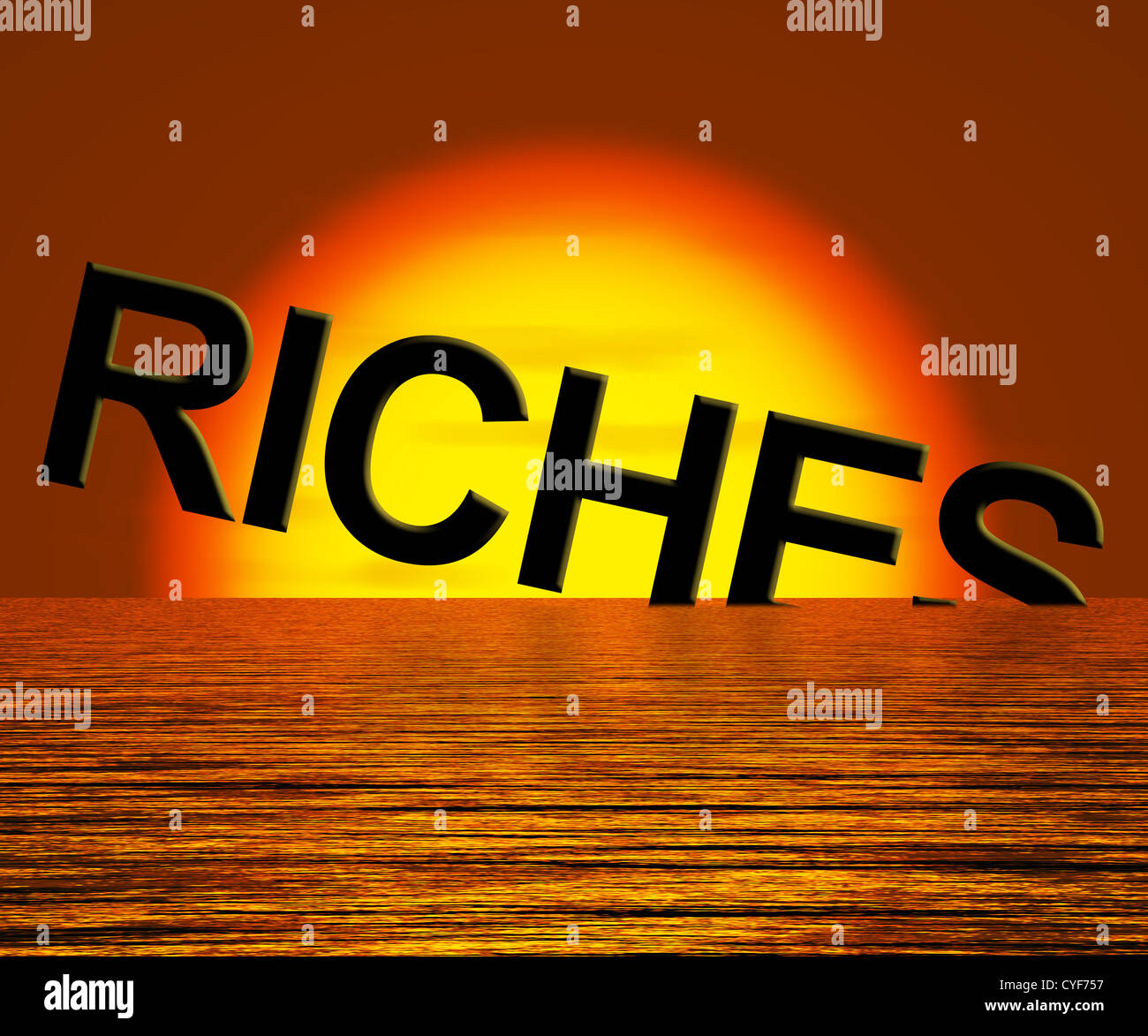 Riches Word Sinking Showing Difficulty Getting Rich Or Wealthy Stock Photo