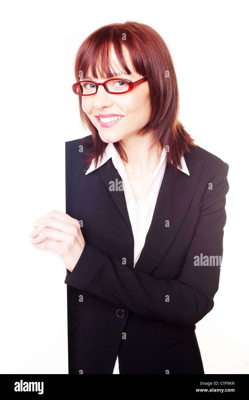 Redhead business woman with glasses isolated on white Stock Photo - Alamy