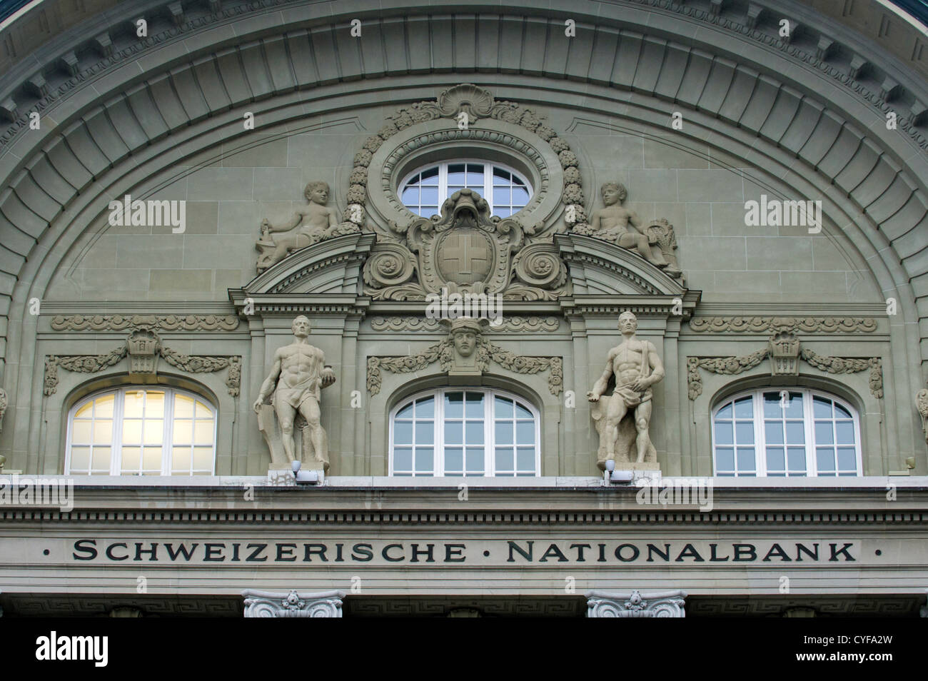 Details of the facade of the Swiss National Bank, Bern, Switzerland Stock Photo