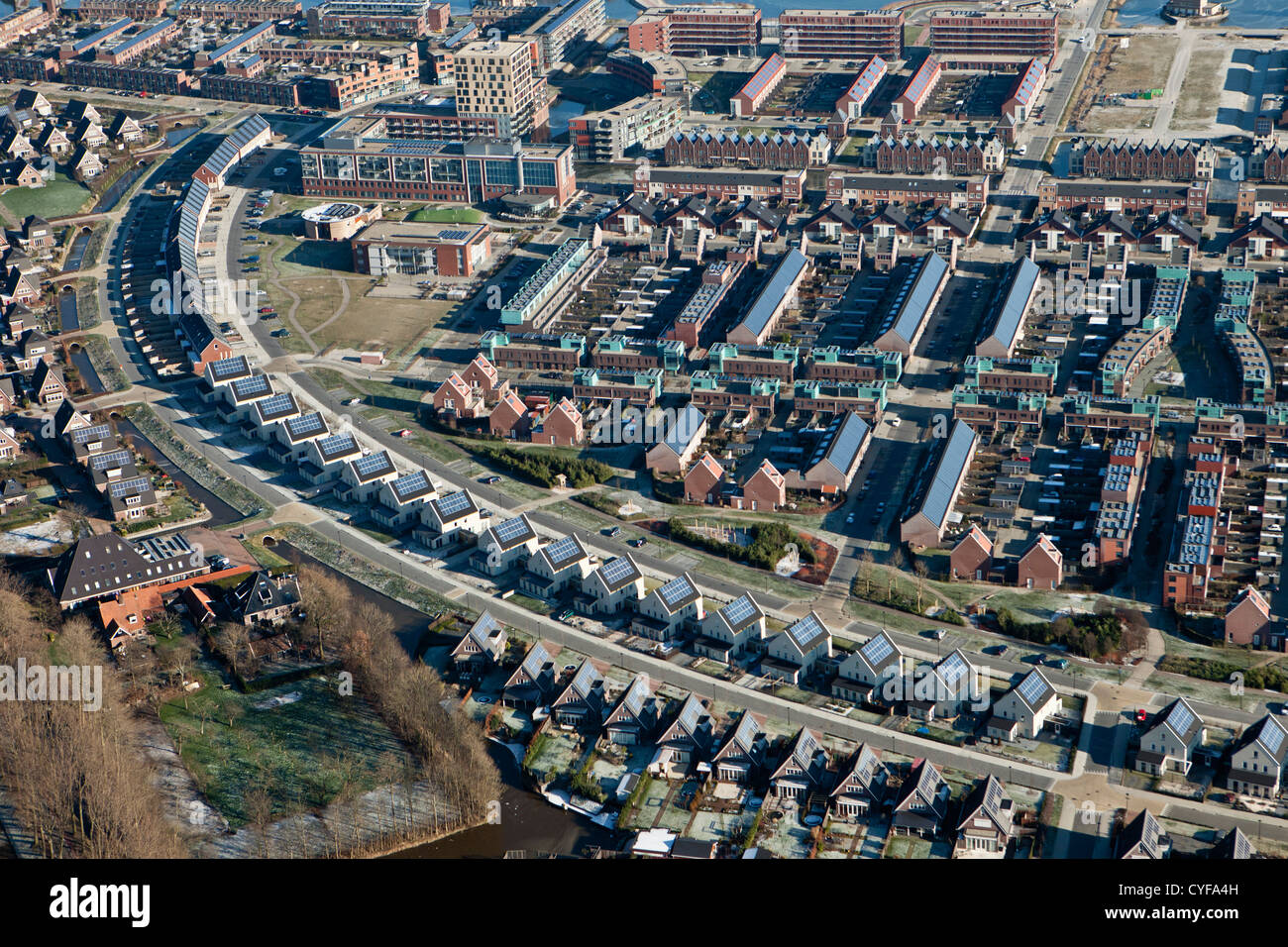 The Netherlands, Heerhugowaard, Aerial, District called City of the Sun, Dutch: Stad van de Zon. All houses with solar panels. Stock Photo