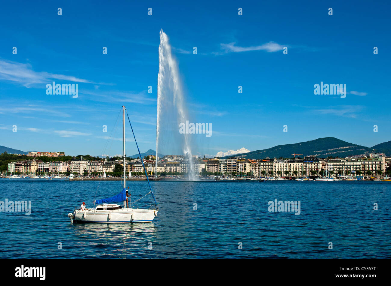 The monumental water fountain Jet d'Eau in the Lake Geneva in front of ...