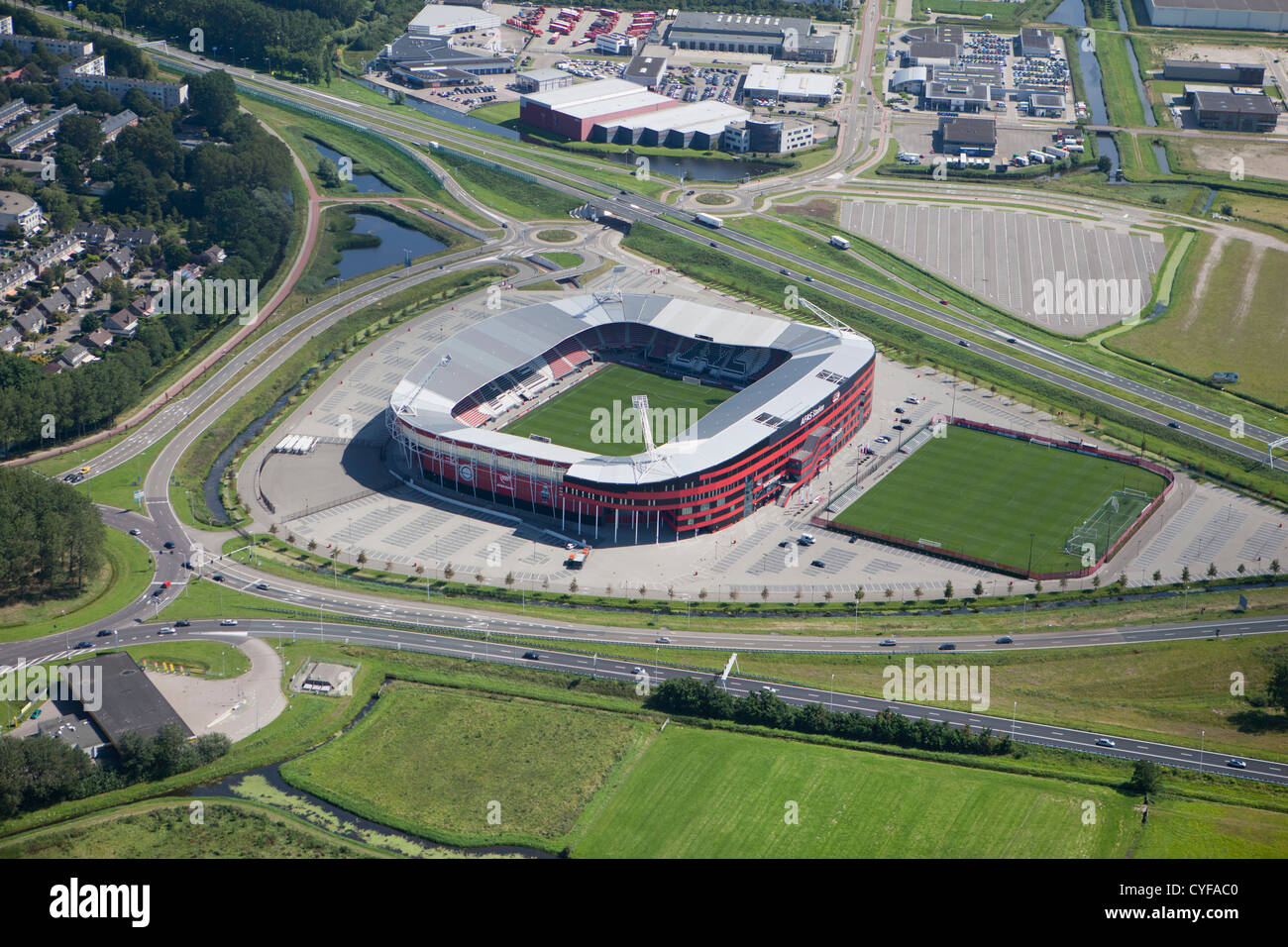 The Netherlands, Alkmaar. Football stadium of AZ. Aerial. Stock Photo