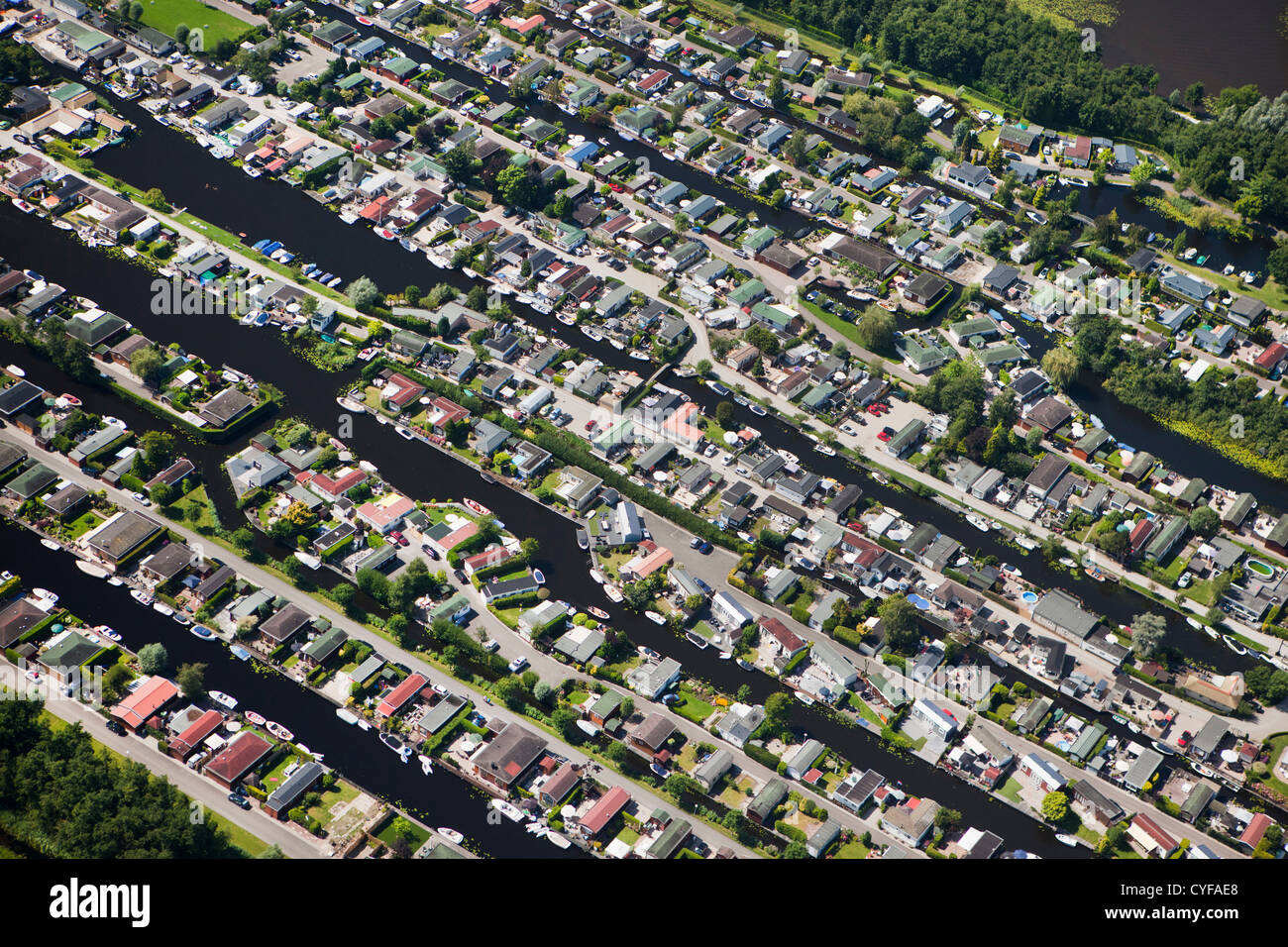 The Netherlands, Loosdrecht, Holiday houses near Loosdrecht Lakes. Aerial. Stock Photo