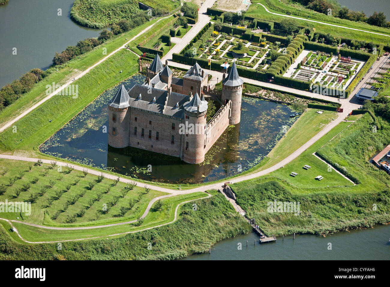 The Netherlands, Muiden. Castle called Muiderslot. Aerial. Stock Photo
