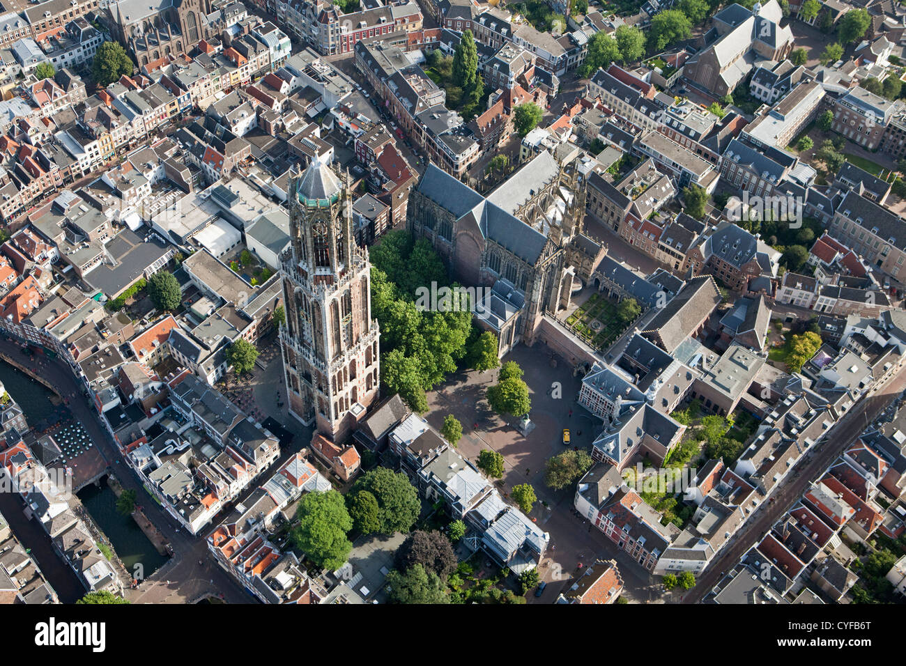 The Netherlands, Utrecht. St. Martin's Cathedral or Dom Church with the Dom Tower (112 m). Aerial. Stock Photo