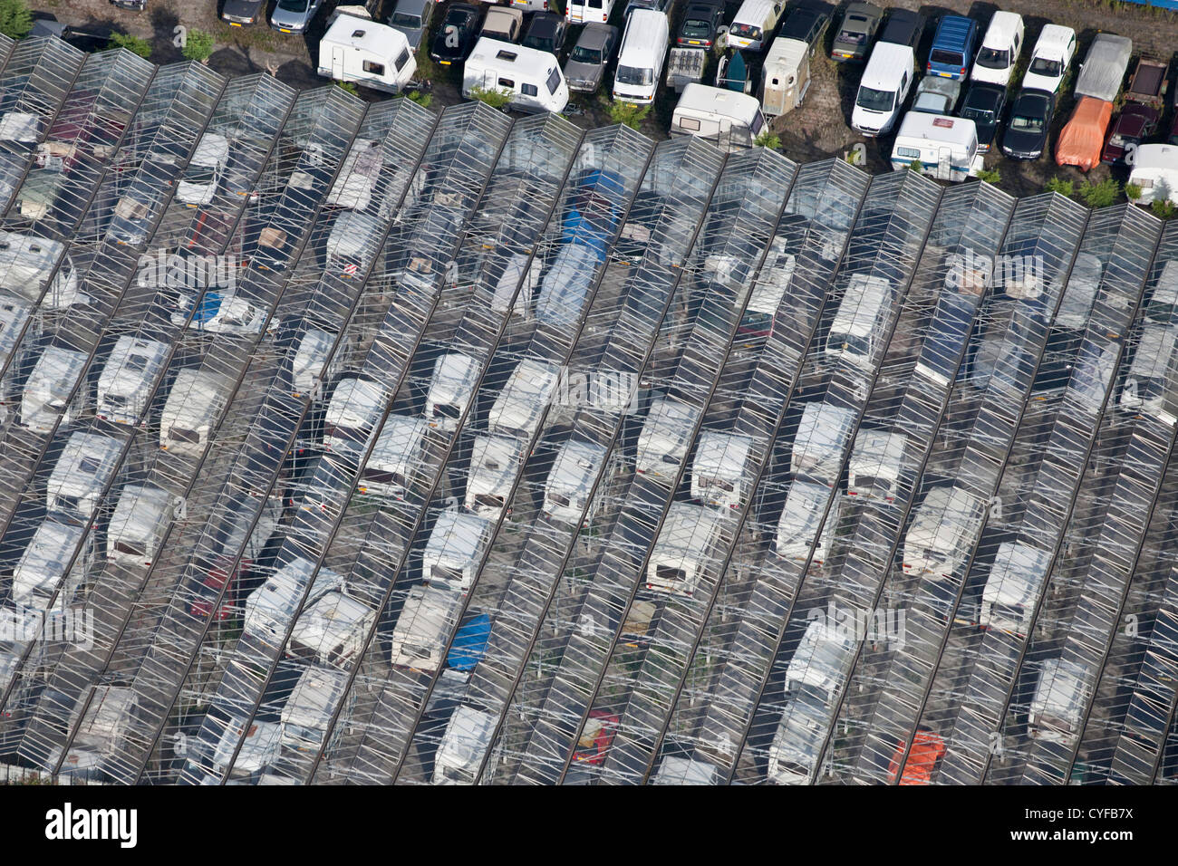 The Netherlands, Maarssen. Parking for campers and camping cars. Aerial. Stock Photo