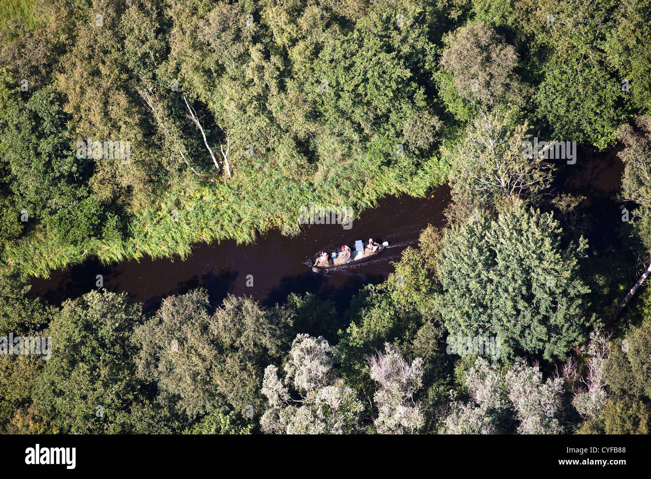 The Netherlands, Kalenberg, Weerribben-Wieden National Park. People in small motorboat. Aerial. Stock Photo