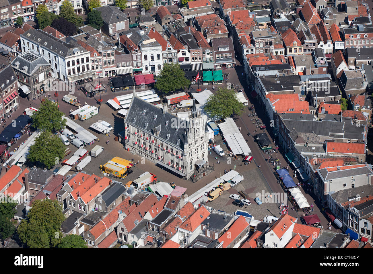 The Netherlands, Gouda, Townhall. Aerial. Stock Photo